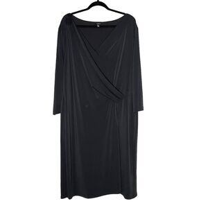 Talbots Size 2X Faux Wrap 3/4 Sleeve Stretch Knit Midi Dress Black